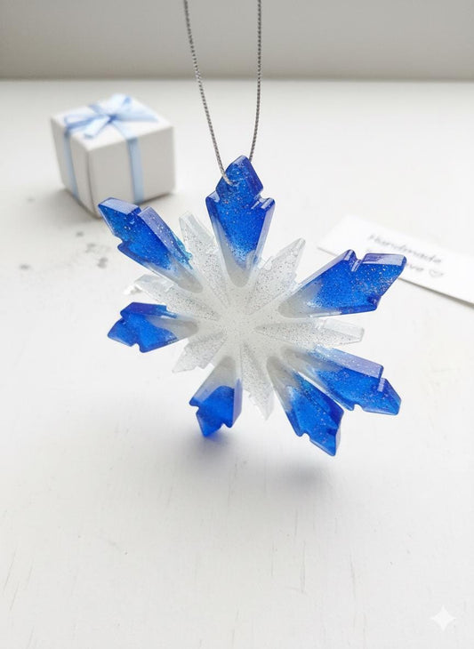 HandmadeBlue and White Resin Snowflake Christmas Ornament Glittery Winter Hanging Decor Personalized Unique Gift