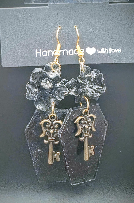 Key to the Crypt Coffin Dangle Boys| Skeleton Key and Black Rose Resin Drop Earrings
