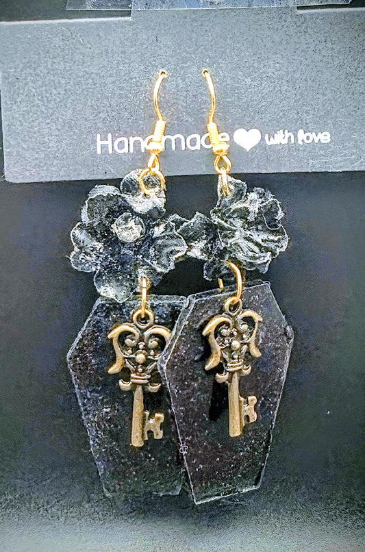 Key to the Crypt Coffin Dangle Boys| Skeleton Key and Black Rose Resin Drop Earrings