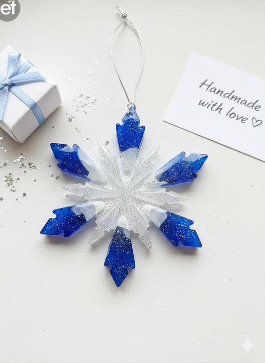 HandmadeBlue and White Resin Snowflake Christmas Ornament Glittery Winter Hanging Decor Personalized Unique Gift